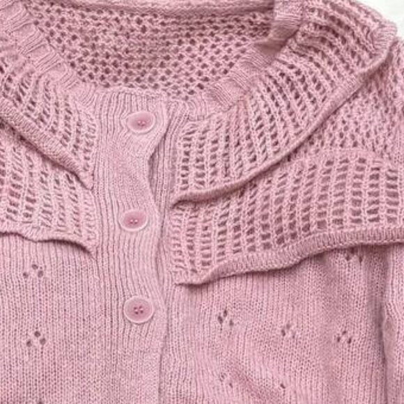 Pink Knit Button Up Cardigan With Ruffle Collar - Picture 2 of 4